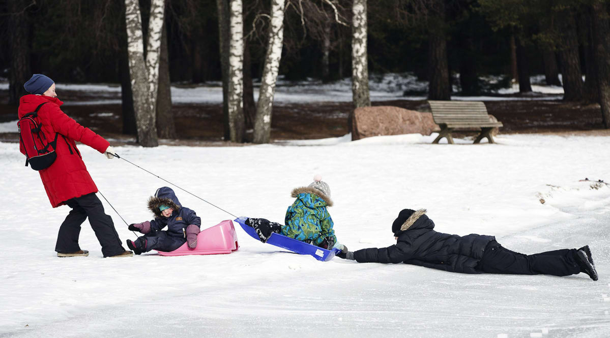 Nainen vetää lapsia pulkalla.