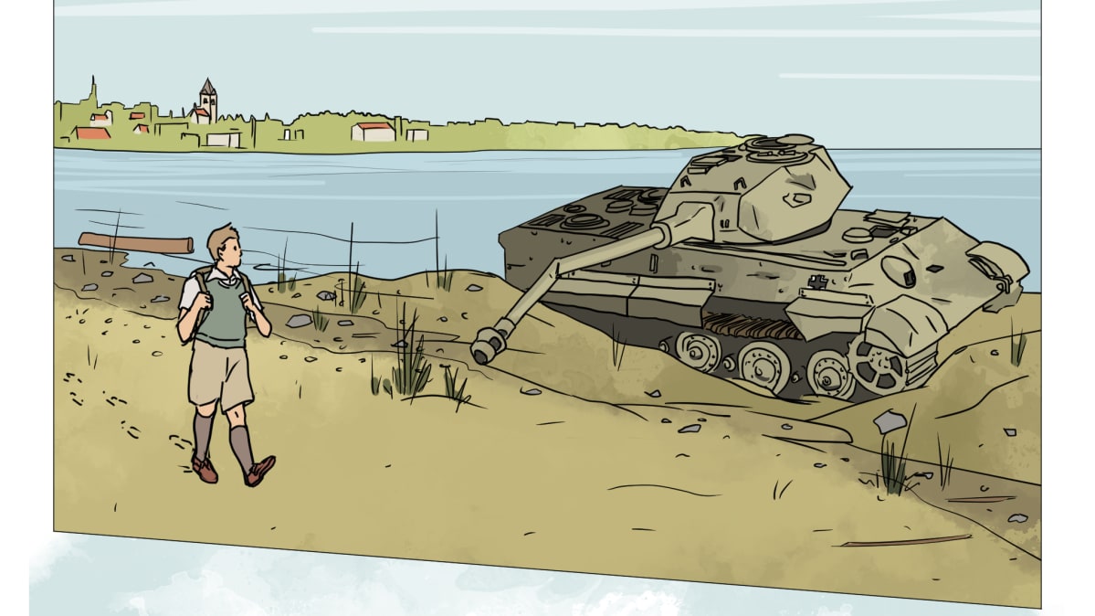 Piirroksessa poika katsoo tuhottua tankkia.