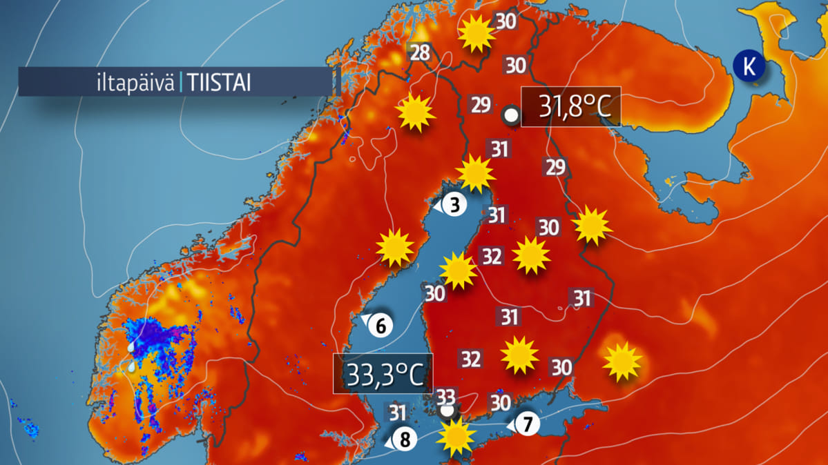 tiistain korkeimmat lämpötilat kartalla