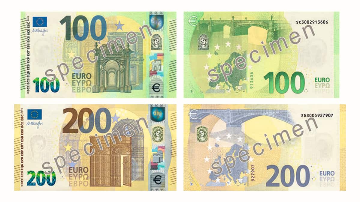 Uudet 100 ja 200 euron setelit.