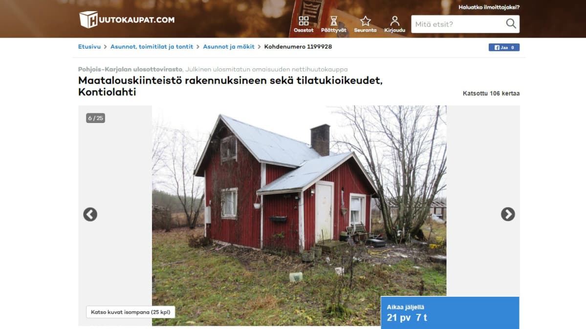 Sarjahukuttaja Pekka Seppänen kotitilan myynti-ilmoitus nettihuutokaupassa.
