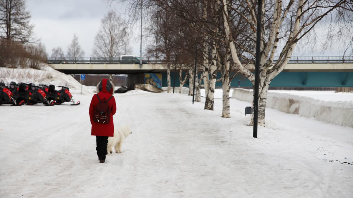 Kävelijä Rovaniemellä 29.3.2019.