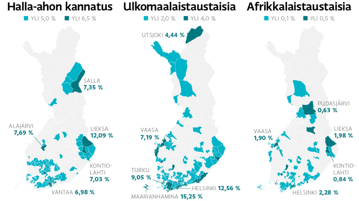 Jussi Halla-ahon (ps.) kannatus eurovaaleissa 2014, ulkomaalaistaustaisten ja afrikkalaistaustaisten määrä.