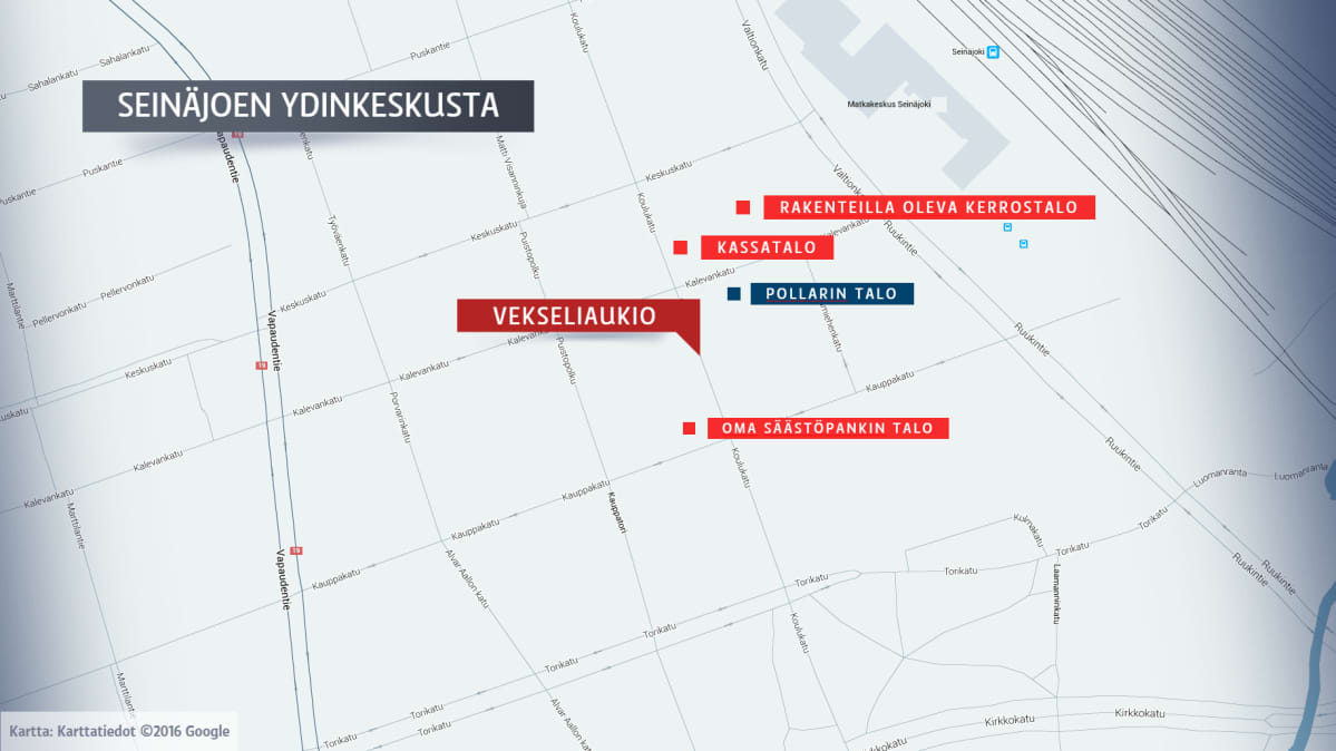 Kartta Seinäjoen ydinkeskustassa tapahtuvista muutoksista.