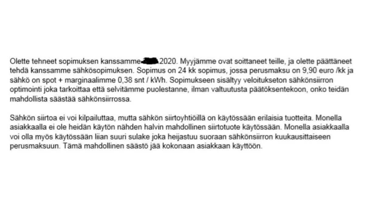 Kuvakaappaus 365 Hankinta Oy:n vastauksesta puhelinmyynnin kohteena olleen henkilön reklamaatioon.