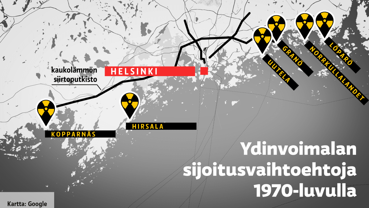 Ydinvoimalan sijoitusvaihtoehtoja 1970-luvulla: Kopparnäs, Hirsala, Uutela, Granö, Norrkullalandet ja Löparö.