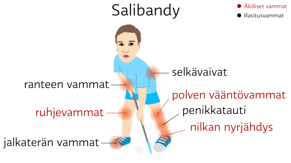Salibandy: äkilliset vammat: nilkan nyrjähdys, ruhjevammat ja polven vääntövammat. rasitusvammat: penikkatauti, jalkaterän vammat , selkävaivat ja ranteen vammat