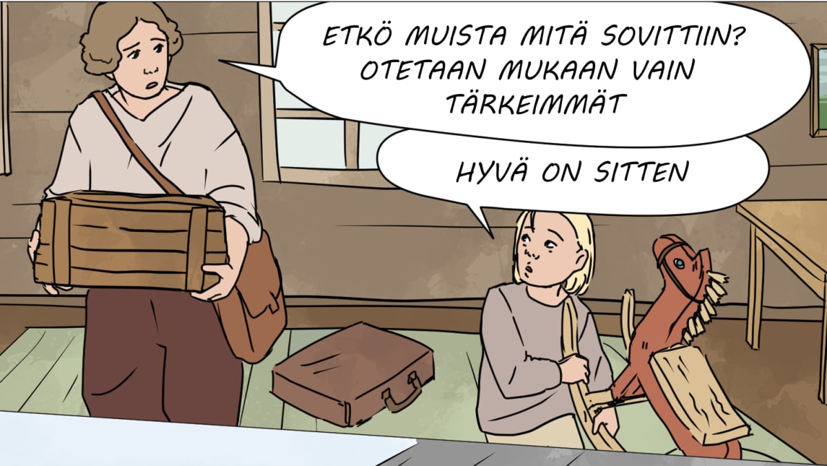 Sarjakuva äidistä ja tyttärestä matkalla evakkoon.