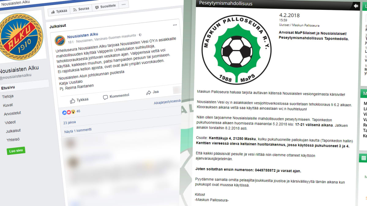 Kuvakaappaukset Nousiaisten Alku -urheiluseuran Facebooksivulta ja Maskun Palloseuran verkkosivuilta