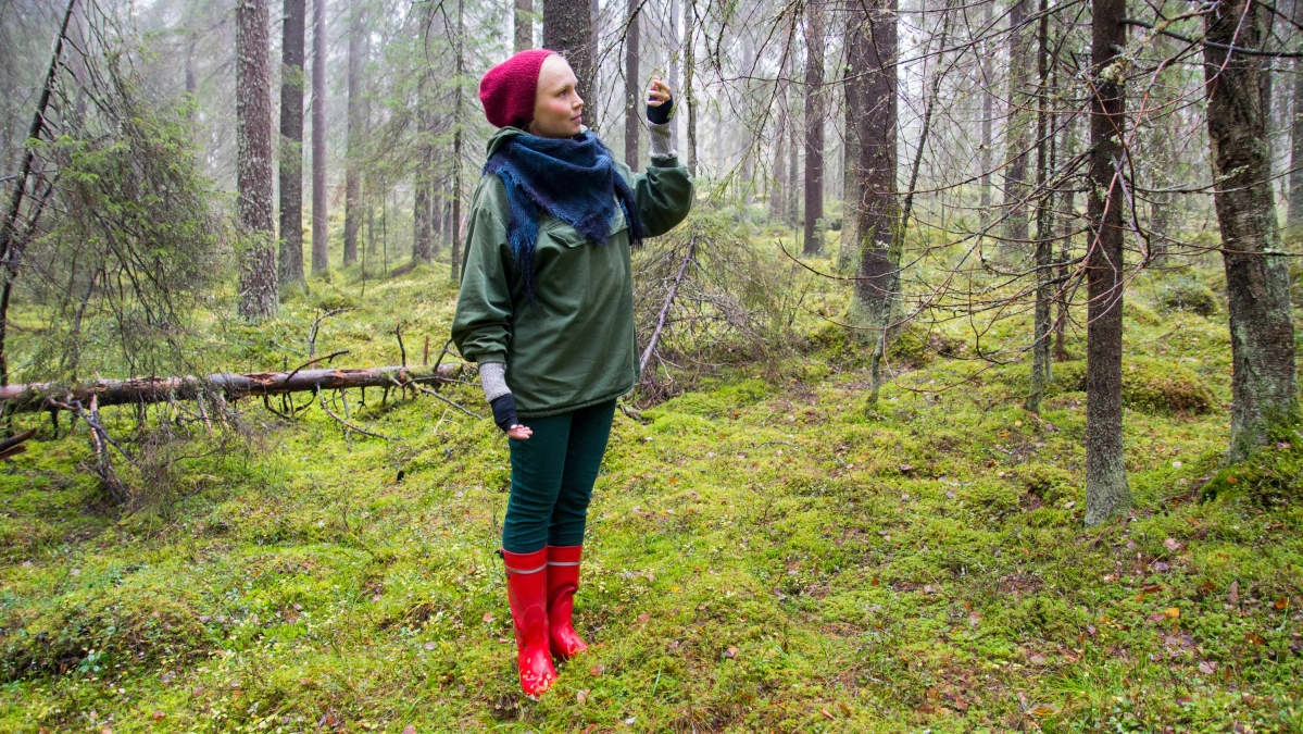 Nainen katsoo metsän puissa olevia sadepisaroita.