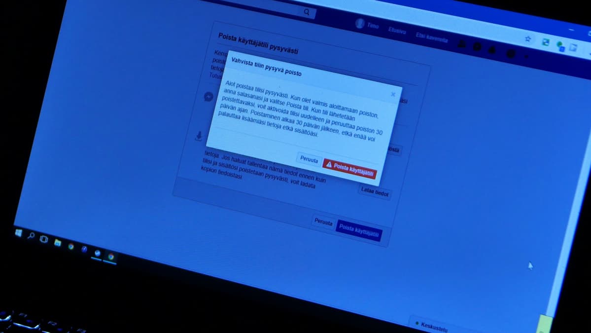 Facebook-tilin poistoikkuna.
