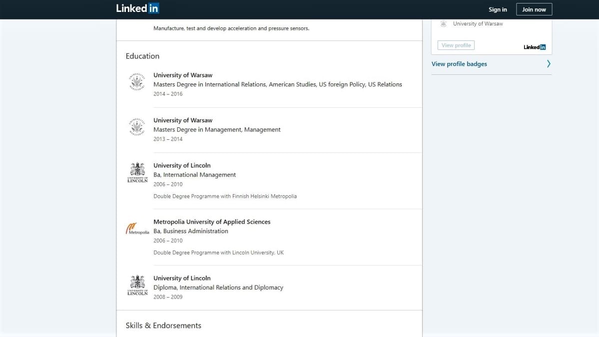 Näin Hussein al-Taeen Linkedin-sivuilla kerrottiin hänen koulutuksestaan kesäkuussa