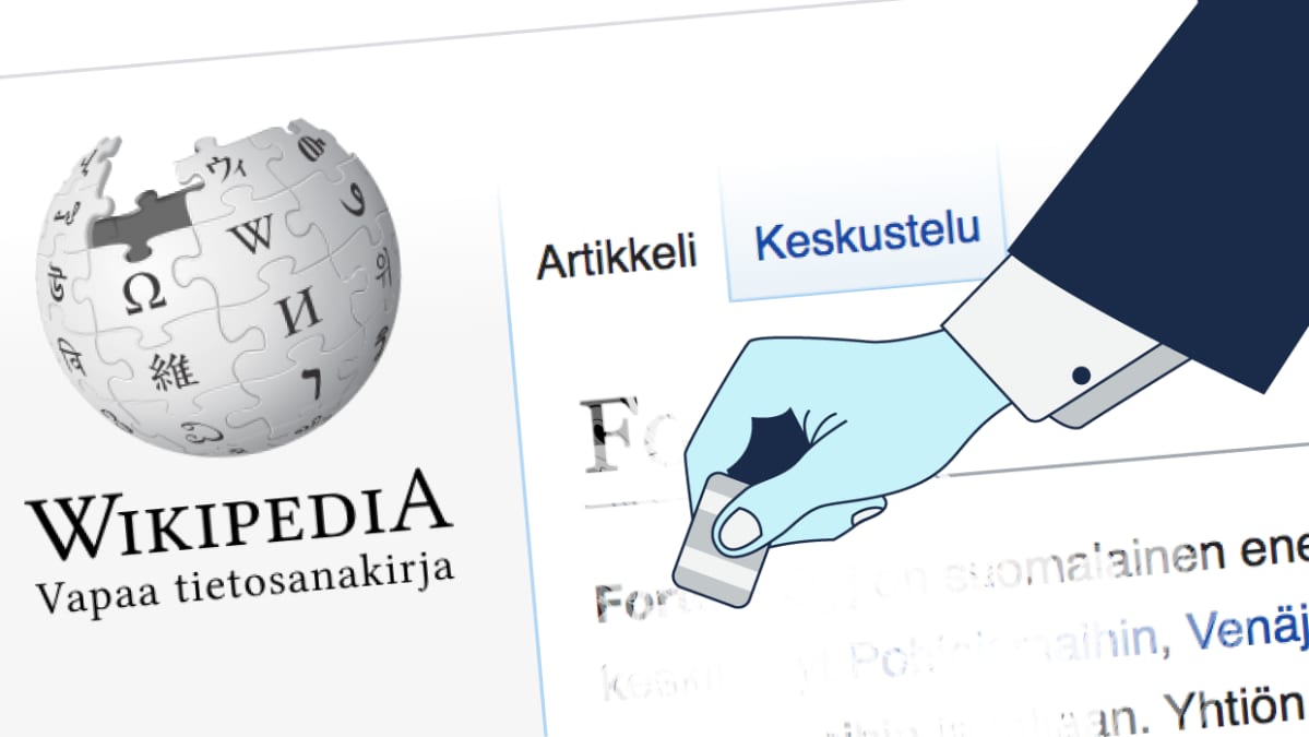 Käsi pyyhkii Wikipedia-artikkelia pyyhekumilla