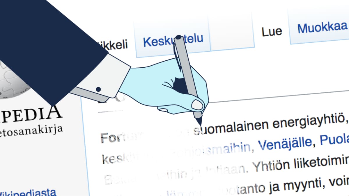 Käsi kirjoittaa kynällä Wikipedia-artikkeliin