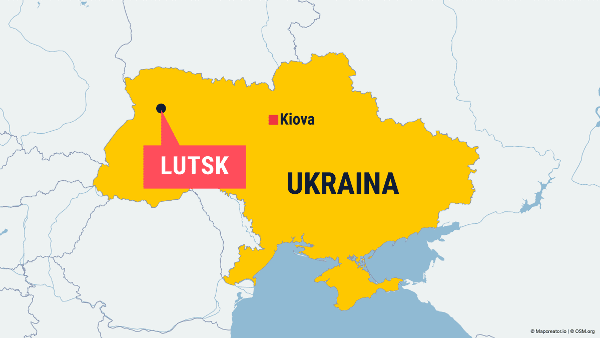 Kartta näyttää Ukrainan luoteisosassa sijaitsevan Lutskin kaupungin sijainnin.