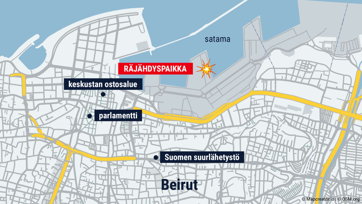 Kartta Beirutin kaupungista. Kartalla räjähdyspaikka, keskustan ostosalue, parlamentti ja Suomen suurlähetystö.