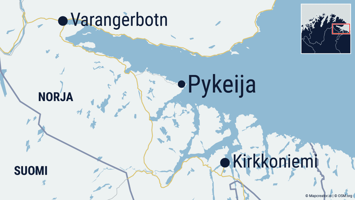 Kartta näyttää Pykeijan sijainnin Pohjois-Norjassa. Se sijaitsee niemenkärjessä, Kirkkoniemen ja Varangerbotnin välissä.