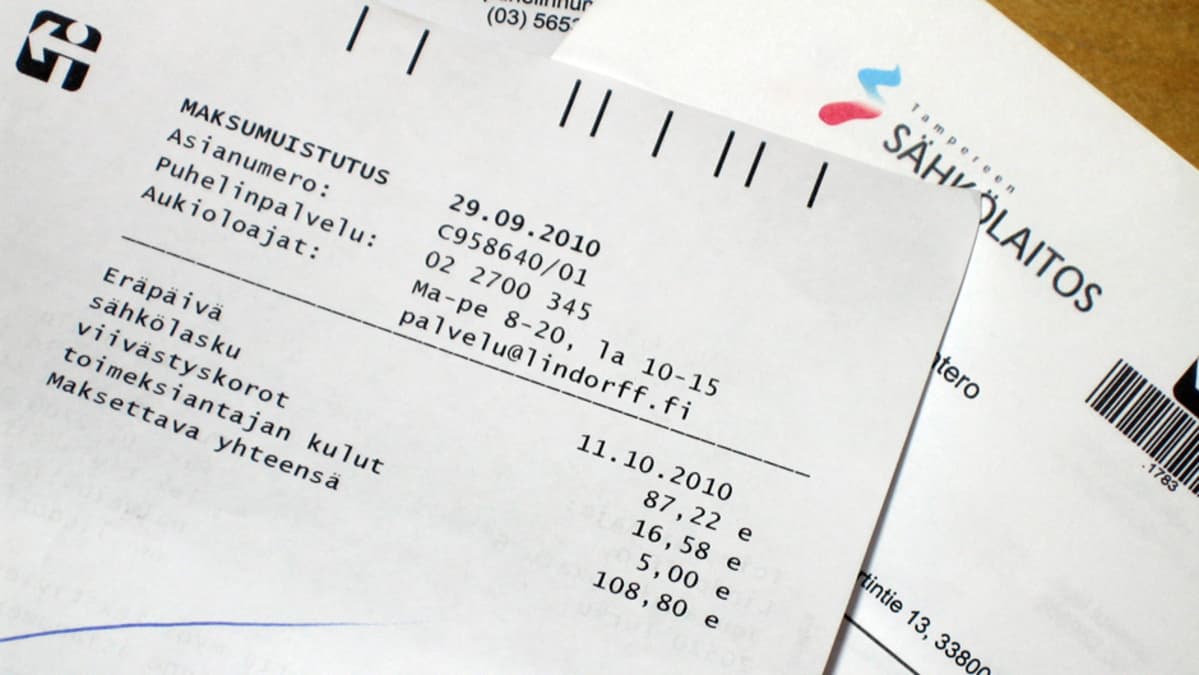 Tampereen sähkölaitoksen maksumuistutus.