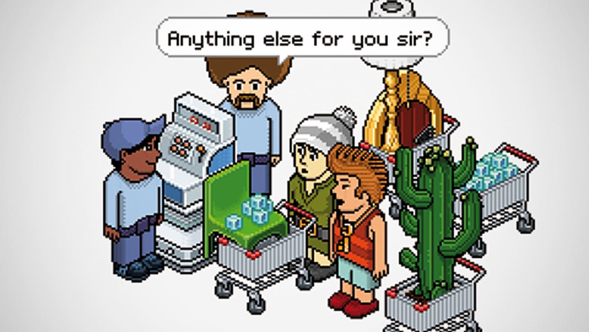 Kuva Habbo hotelin hahmoista kaupan kassalla täysine ostoskärryineen. Mies kysyy: "Anything else for you sir?"