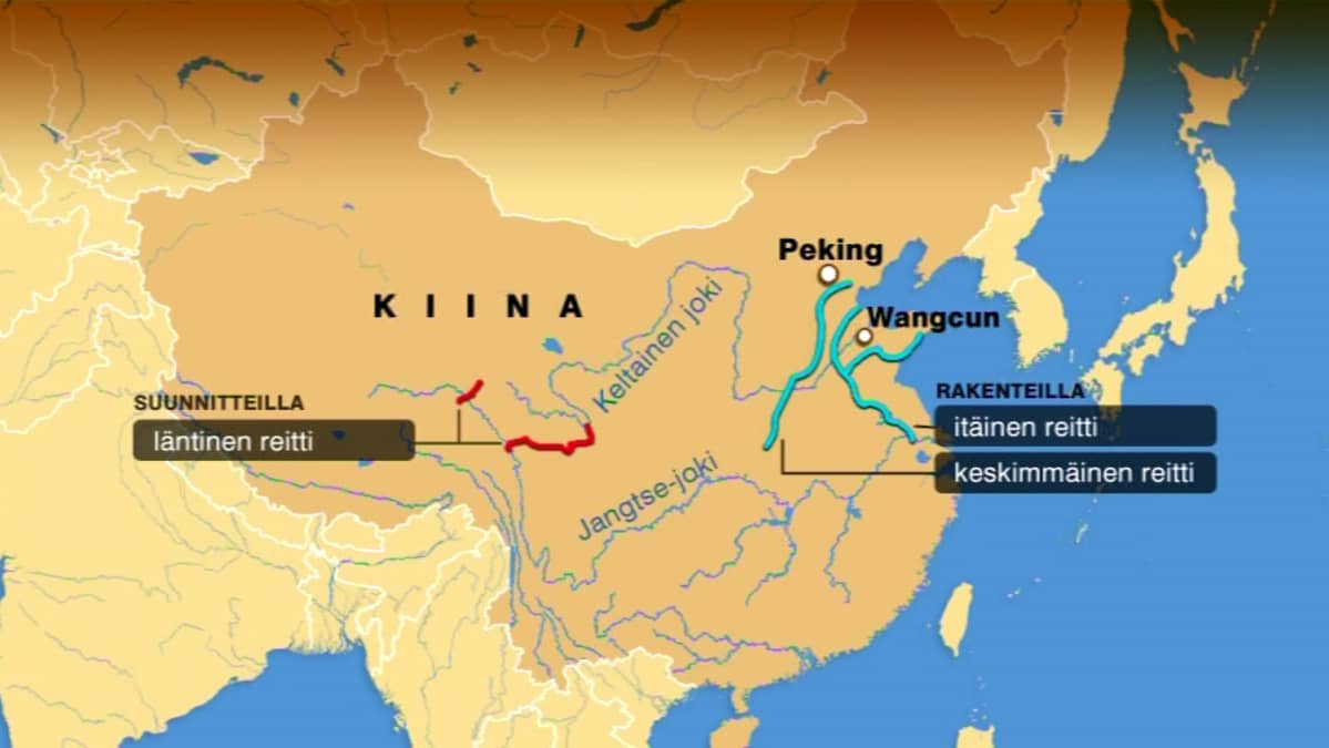 Kiinan kartta, johon merkitty jättikanavahankkeet.