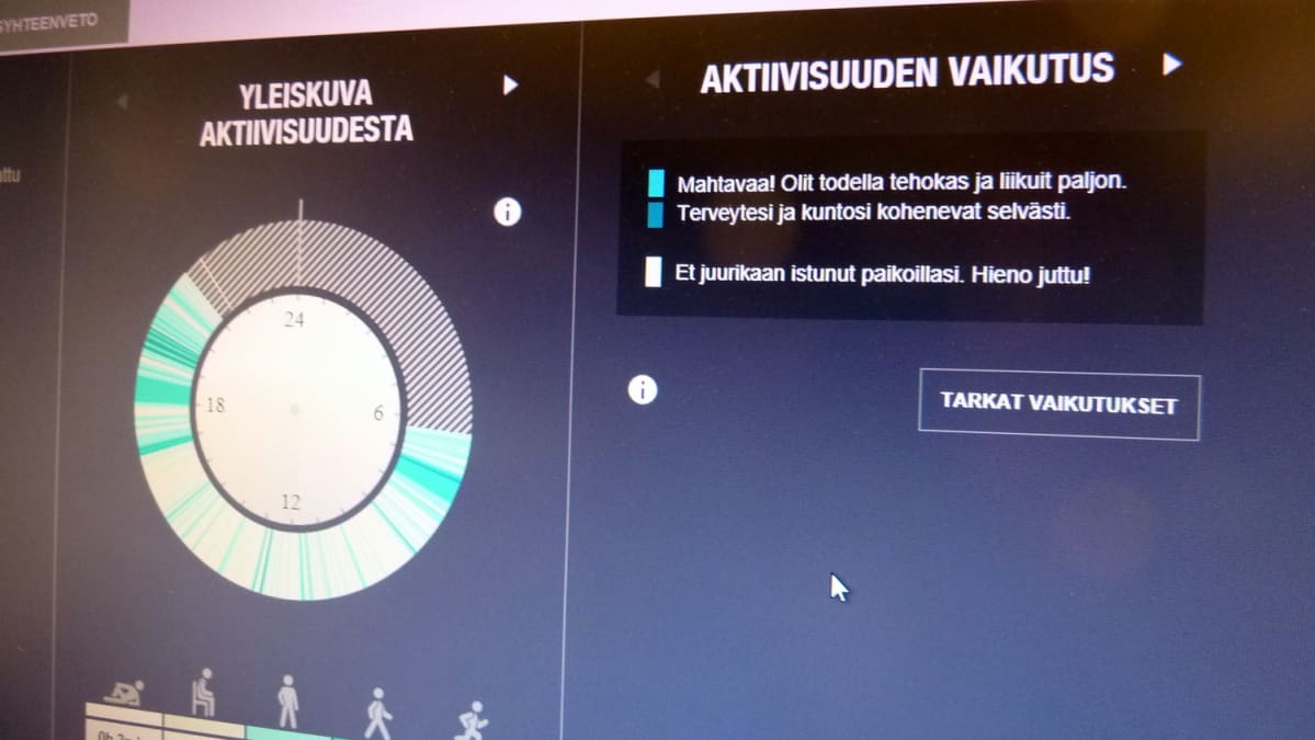 Aktiivirannekkeen tiedot tietokoneen näytöllä.