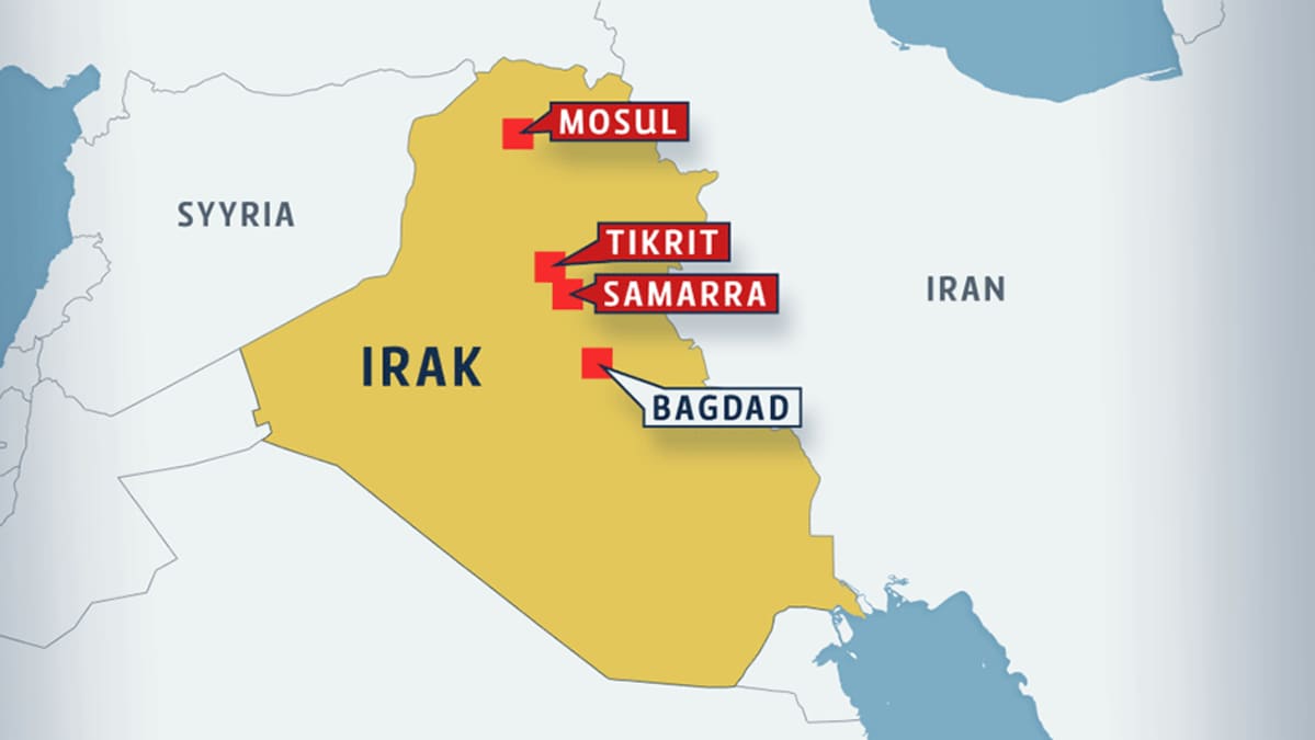 Irakin kartta, jossa ovat pääkaupunki Bagdadin lisäksi Samarra, Mosul ja Tikrit.