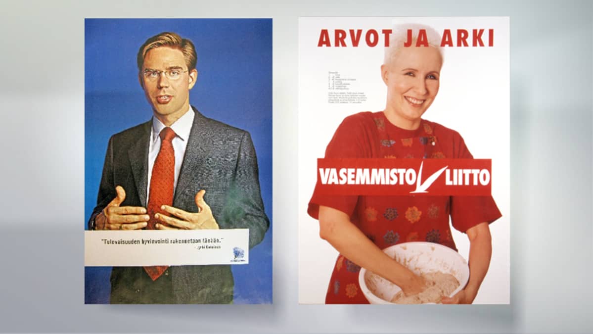 Vuoden 2007 Kokoomuksen juliste vasemmalla. Vieressä Vasemmistoliiton juliste vuodelta 1999, jossa oli silloinen puheenjohtaja Suvi-Anne Siimes.