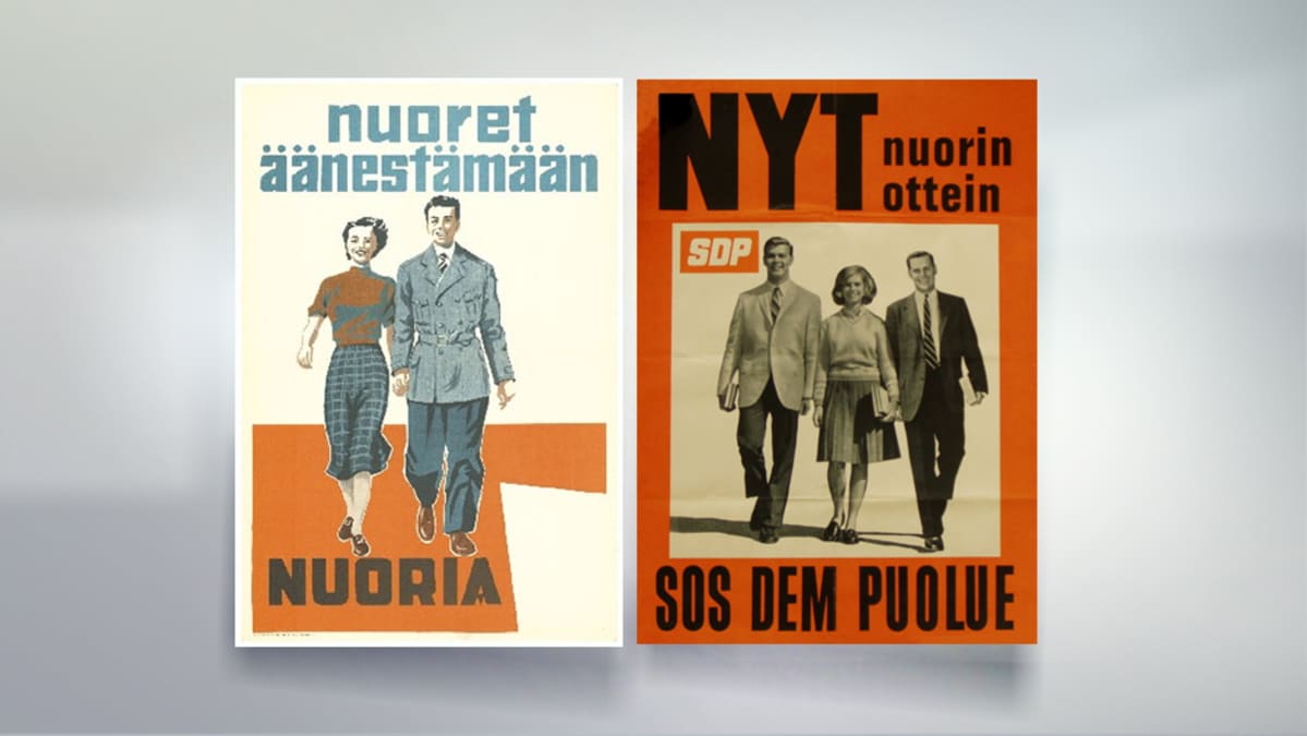 Nuoria kosiskelevia vaalijulisteita.