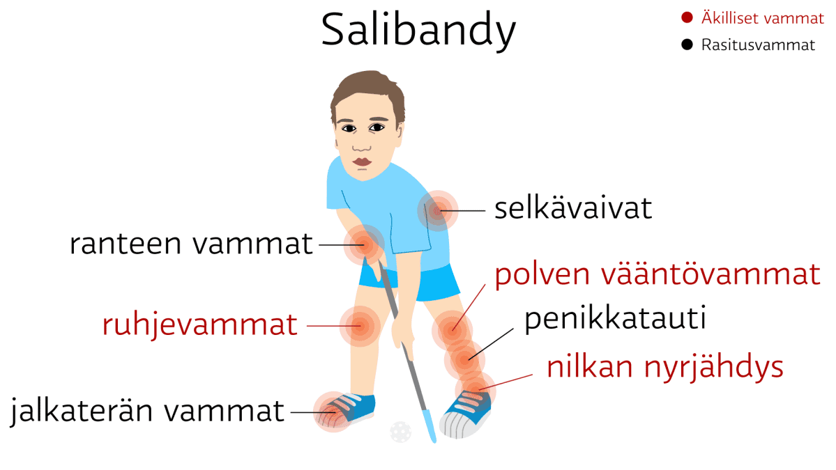 Salibandy: äkilliset vammat: nilkan nyrjähdys, ruhjevammat ja polven vääntövammat. rasitusvammat: penikkatauti, jalkaterän vammat , selkävaivat ja ranteen vammat