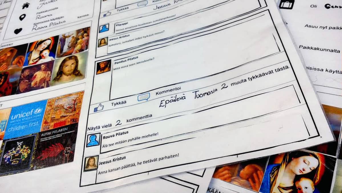 Kuvassa Kokkolan Mäntykankaan koulun uskonnon tunnilla tehtyjä paperisia Facebookia muistuttavia Gracebookeja.
