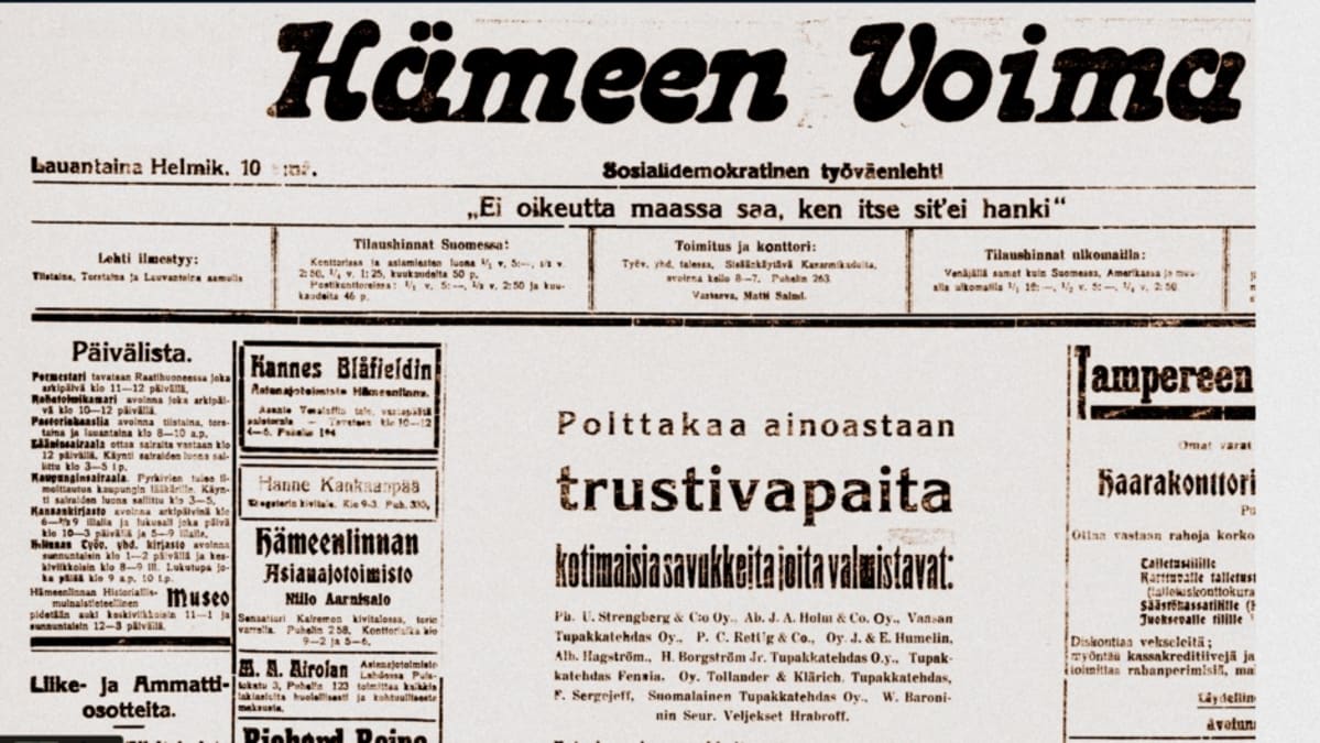 Hämeen Voiman etusivu 10.2.1917