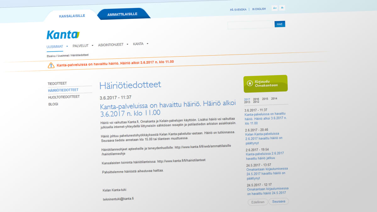 Kuvakaappaus kanta.fi-sivuston häiriötiedotteesta.