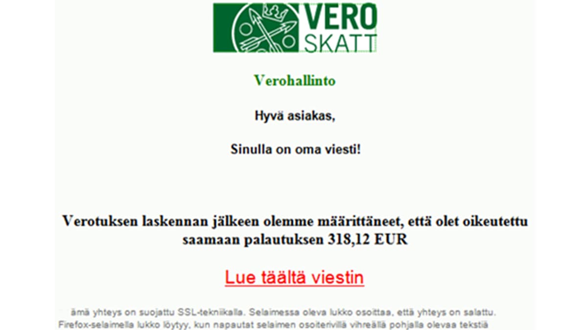 Kuvakaappaus huijausviestistä.
