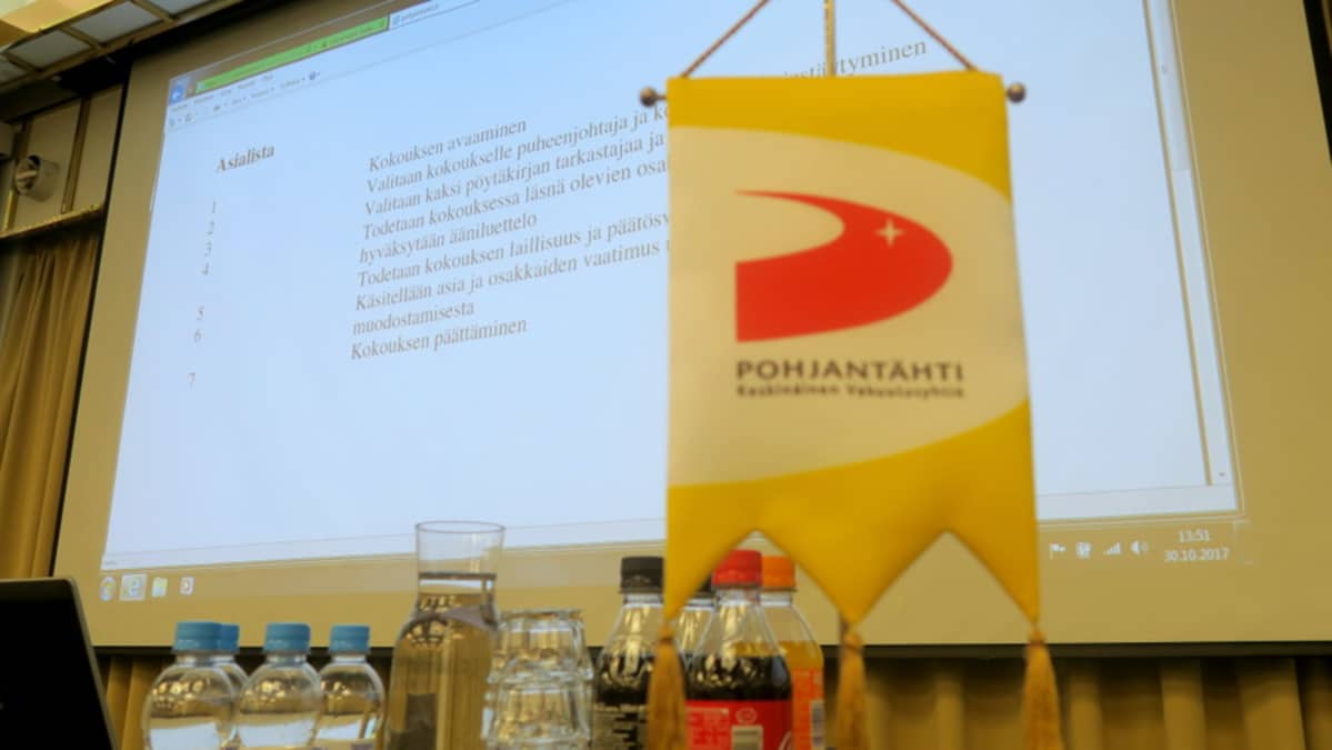 Pohjantähti Keskinäinen Vakuutusyhtiö -viiri etualalla, taustalla kokouksen asialista
