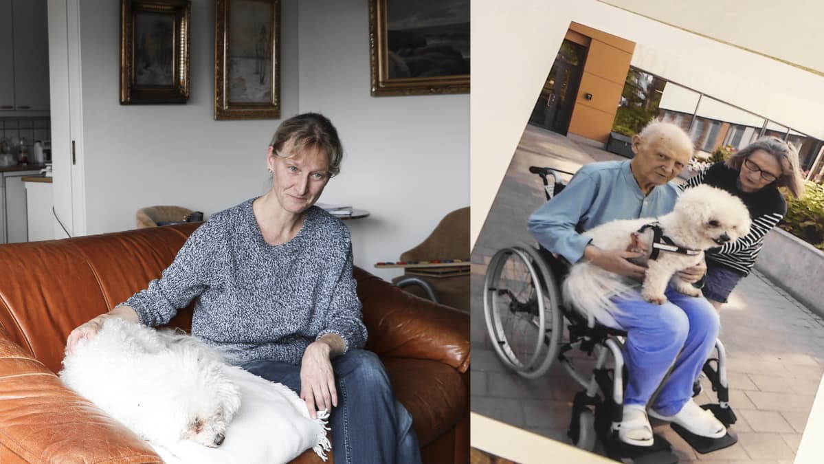 Collage, en kvinna i den vänstra bilden sitter i en soffa och klappar en hund. Hon ser allvarlig ut. På högra sidan ett foto ut ett fotoalbum, på en äldre man i sjukhuskläder som sitter i en rullstol. I famnen har han samma hund.