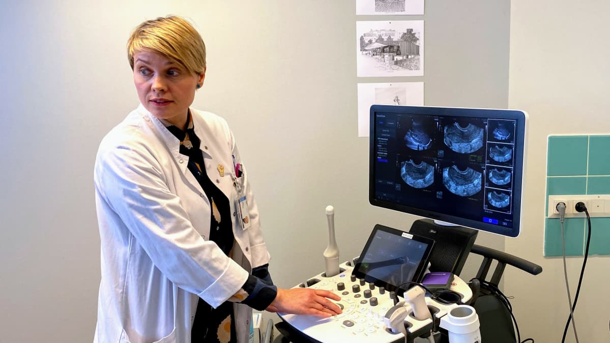 Professori Terhi Piltonen käyttää ultraäänitutkimuslaitetta
