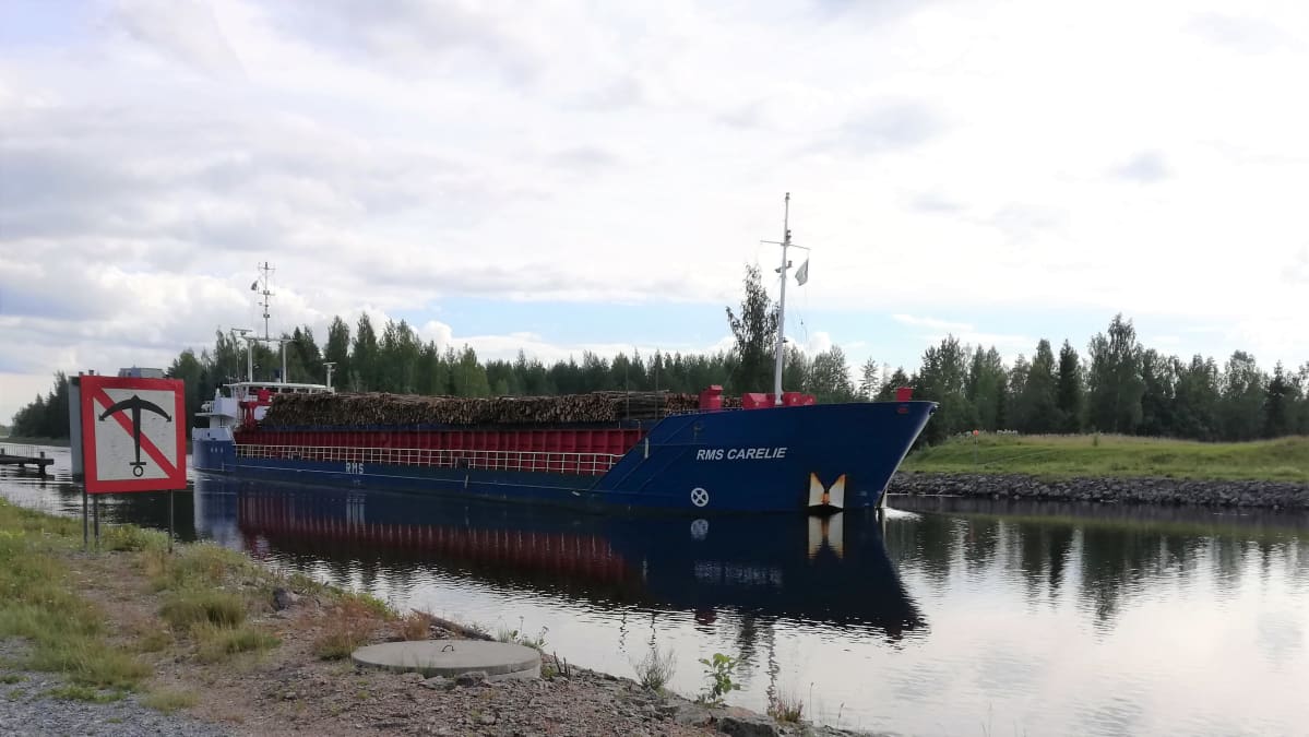 Puutavaraa kuljettava rahtialus RMS Carelie Saimaan kanavassa.