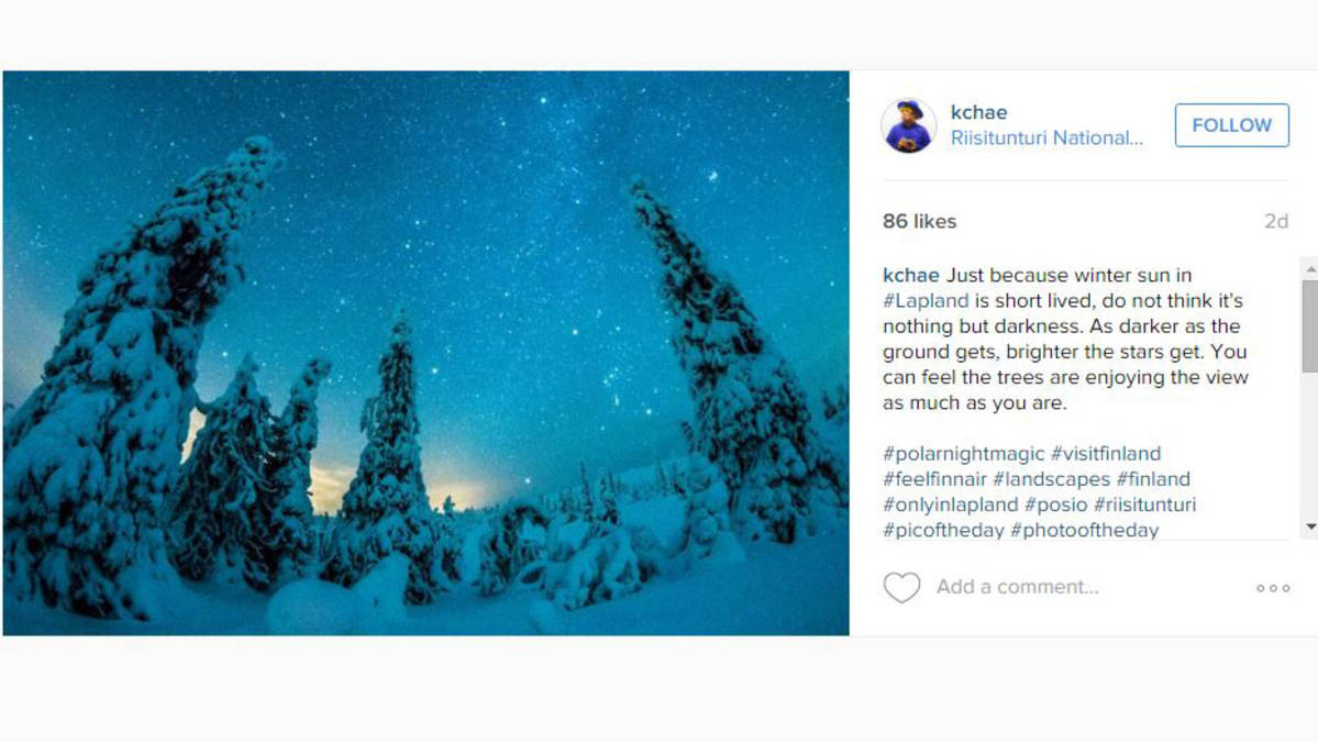 Korealainen valokuvaaja K. Chae kirjoittaa päivityksessään, että kaamos ei ole vain pimeää, vaan myös kirkkaita tähtitaivaita.