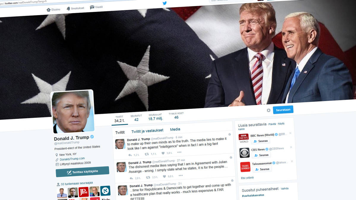 Kuvakaappaus Donald Trumpin Twitter-tilistä.