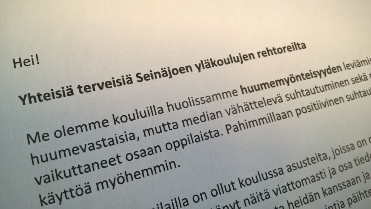 Seinäjoen yläkoulujen rehtorit lähettivät oppilaiden koteihin yhteisen kannanoton huumemyönteisyyden lisääntymiseen liittyen.
