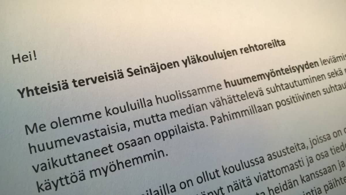 Seinäjoen yläkoulujen rehtorit lähettivät oppilaiden koteihin yhteisen kannanoton huumemyönteisyyden lisääntymiseen liittyen.