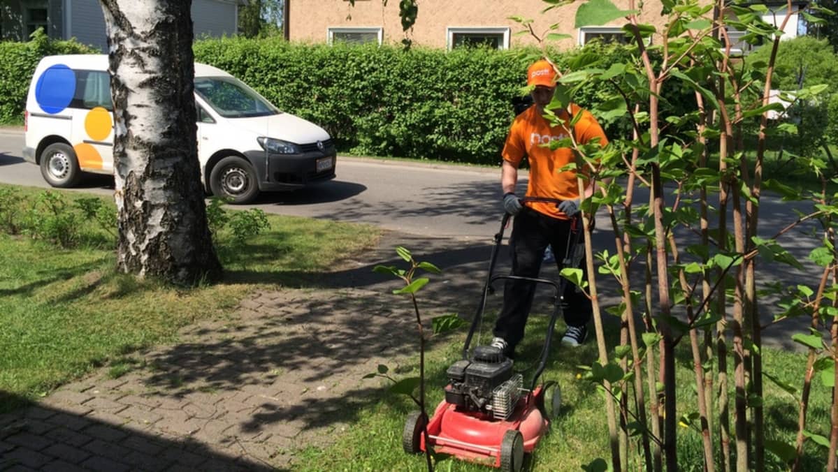 Mies leikkaa nurmea.
