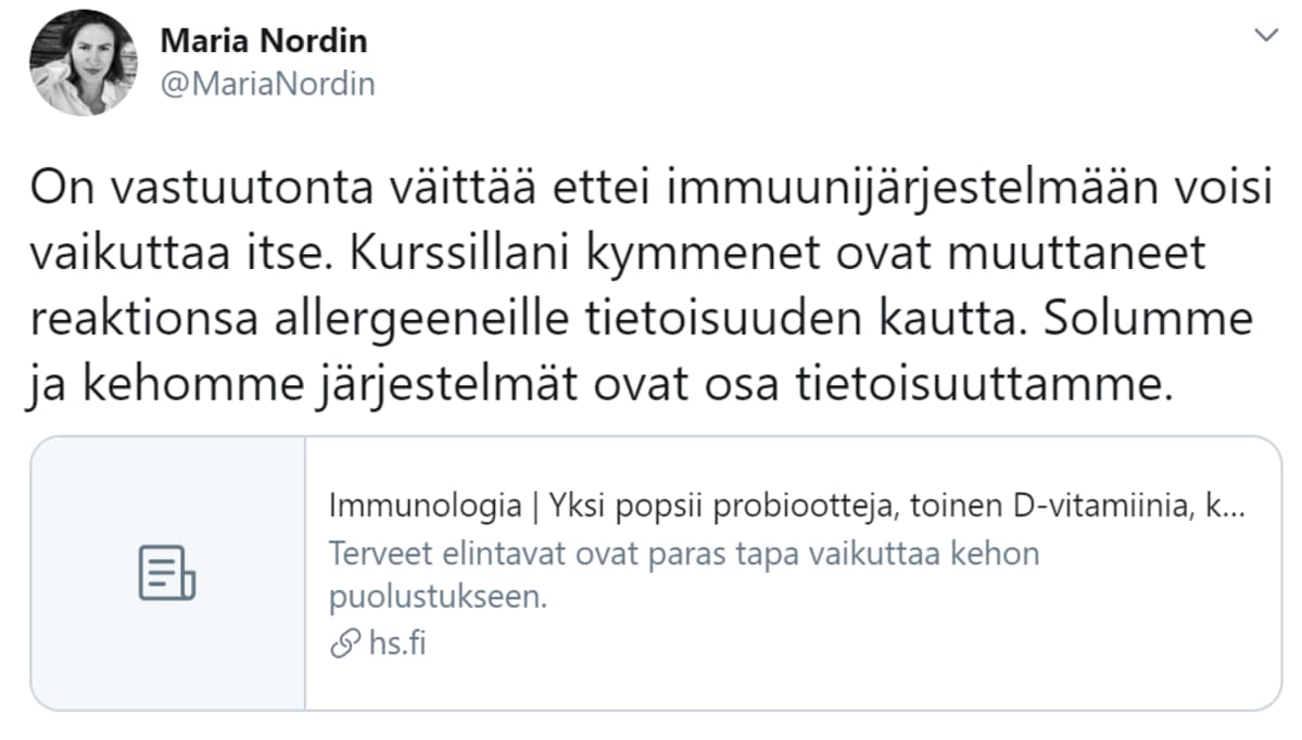 Kuvakaappaus Maria Nordinin twiitistä.