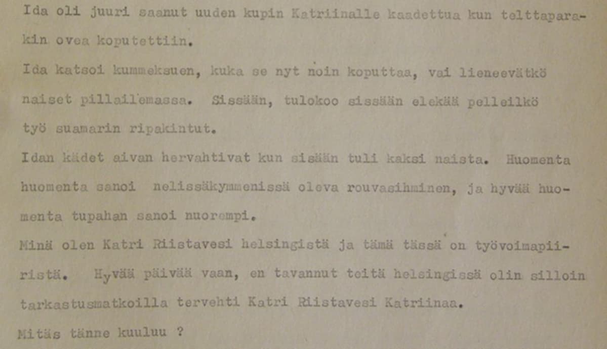 kirjoituskoneella kirjoitettua tekstiä.