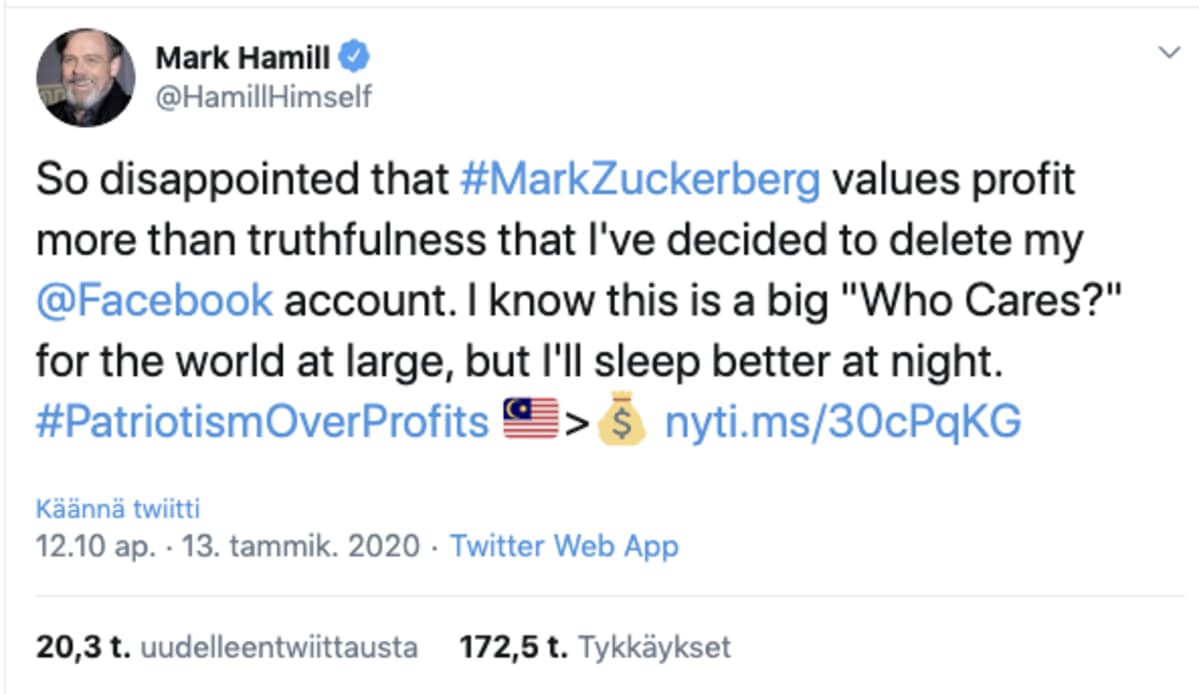 Mark Hamillin päivitys Twitterissä.
