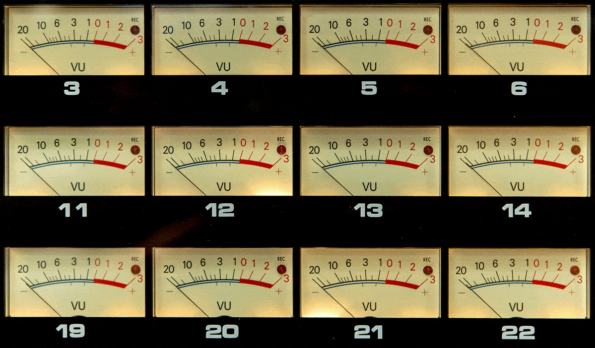 Analogitallentimen VU-mittareita.