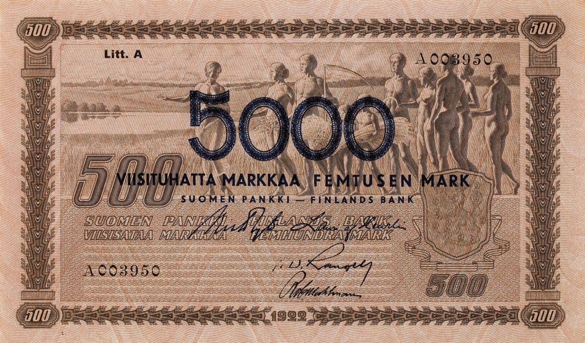 500 mk setelin päälle painettu 5000mk.