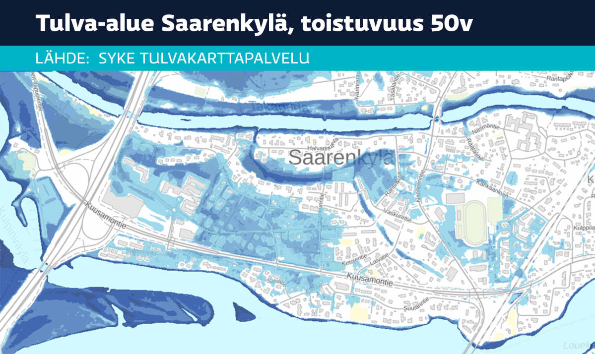 Rovaniemi Saarenkylä tulva-alue toistuvuus kerran 50 vuodessa