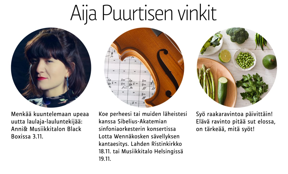 Grafiikka Aija Puurtisen vinkeistä.