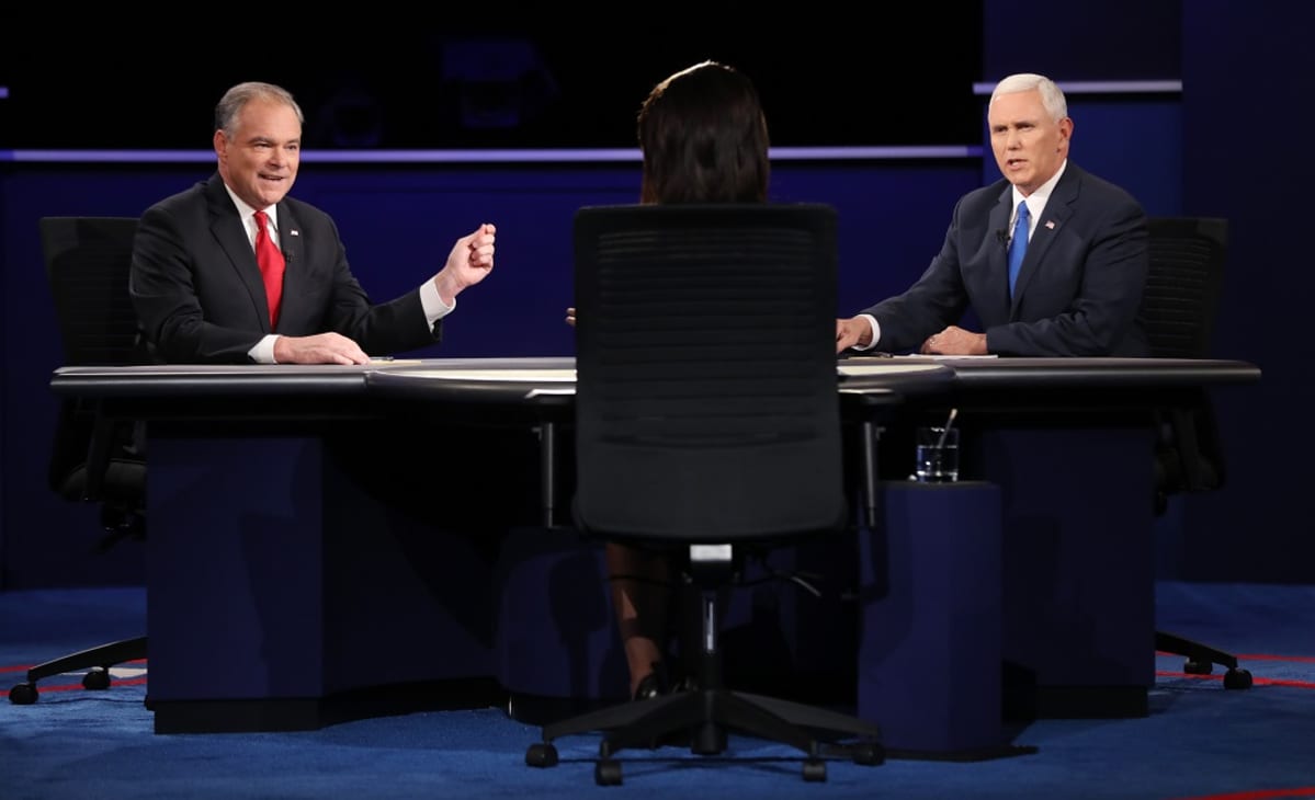 Republikaanien Mike Pence ja demokraattien Tim Kaine kohtasivat ainoassa tv-väittelyssään Longwoodin yliopistossa Virginiassa 4 lokakuu 2016.